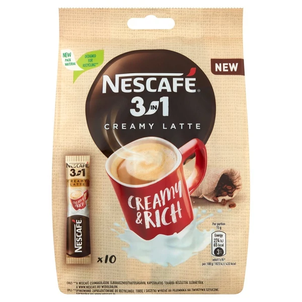 Nescafé 3in1 Creamy Latte azonnal oldódó kávés italpor tejporral és cukorral 10 x 15 g (150 g)