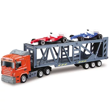 Autószállító kamion két versenyautóval kisautó 1/64 - Mondo Motors