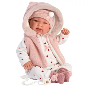 Llorens: Tina 44cm-es síró baba kapucnis rózsaszín mellényben (84440)