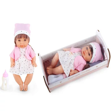 Pisilő baba csillagos ruhában hanggal és kisággyal 30cm