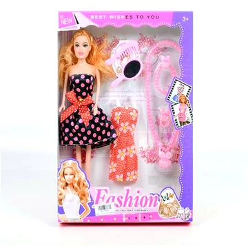 Fashion divatbaba pöttyös ruhában kiegészítőkkel 29cm