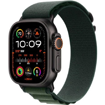 Apple Watch Ultra 2 49mm okosóra fekete titán tok (titanium black) sötét zöld L alpine loop pánttal (dark green alpine loop strap large) (MX4T3)