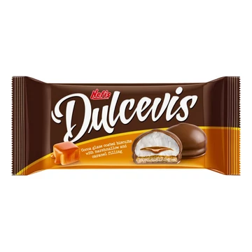 Nefis dulcevis kakaós bevonóval mártott, karamellel töltött pillecukros keksz 70g