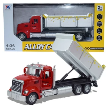 Heavy Duty Truck: Hátrahúzós fém billenőplatós teherautó modell nyitható ajtókkal 1/36
