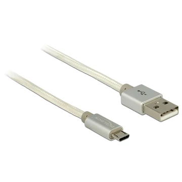 Delock adat- és töltőkábel USB-A 2.0 csatlakozó> MicroUSB-B 2.0, textil árnyékolással, 2m, fehér