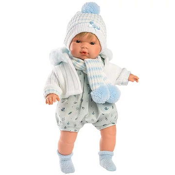 Llorens: Sasha 38cm-es síró baba kék-fehér sapiban (38567)