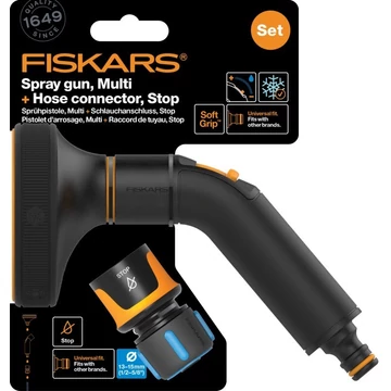 Fiskars Comfort locsolópisztoly, multi + CF tömlőcsatlakozó 13-15mm, STOP (1057609)
