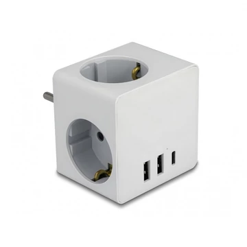 Delock 3-oldalú multi-csatlakozó kocka gyerekzárral és USB töltőfelülettel, fehér