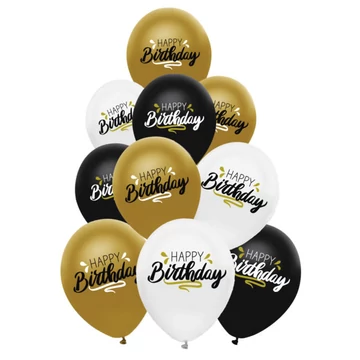 "Happy Birthday!" feliratú fekete-arany lufi 10db 