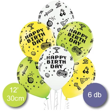 "Happy Birthday!" feliratú gamer zöld-sárga-fehér party lufi 6db 