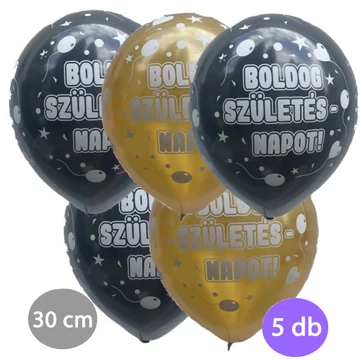 "Happy Birthday!" feliratú metál-arany party lufi 5db