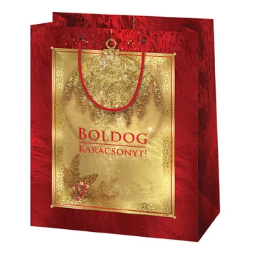Boldog Karácsonyt feliratos, arany-piros színű nagy méretű exkluzív ajándéktáska 27x14x33cm
