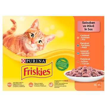 Friskies csirke-lazac-kacsa-pulyka alutasakos macskaeledel 12x85g