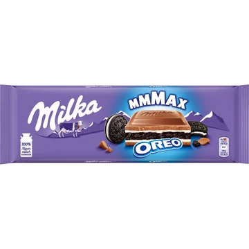 Milka Mmmax Oreo alpesi tejcsokoládé vanília ízű tejes krémtöltelékkel és kakaós keksszel 300 g