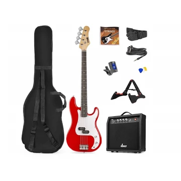 max Gigkit Elektromos basszusgitár szett (20W erősítő, táska, hangoló, pengetők) - piros