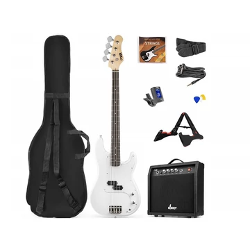 max Gigkit Elektromos basszusgitár szett (20W erősítő| táska| hangoló| pengetők) - fehér