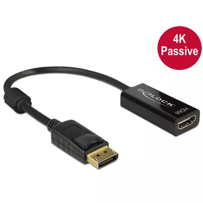 Delock Adapter Displayport 1.2-dugós csatlakozó > HDMI-csatlakozóhüvely 4K passzív, 20cm, fekete