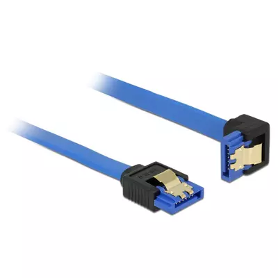 Delock SATA-kábel, 6 Gb/s, hüvely, egyenes > SATA hüvely, lefelé ívelt, 10 cm, kék aranyszínu kapcso