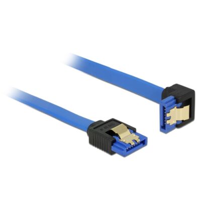 Delock SATA-kábel, 6 Gb/s, hüvely, egyenes > SATA hüvely, lefelé ívelt, 20 cm, kék aranyszínu kapcso