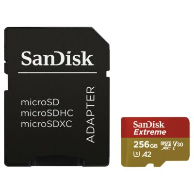 Sandisk microsd extreme kártya 256gb, 190/130 mb/s, a2 c10 v30 uhs-i u3 (121587)