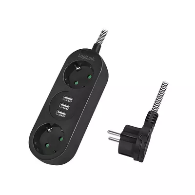 Logilink Elosztó 2-es, 2x CEE 7/3 + 3x USB-A, textil kábel, fekete