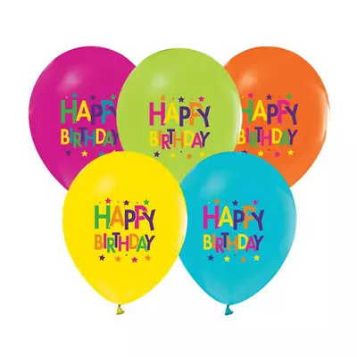 "Happy Birthday!" feliratú csillag mintás színes party lufi 5db 