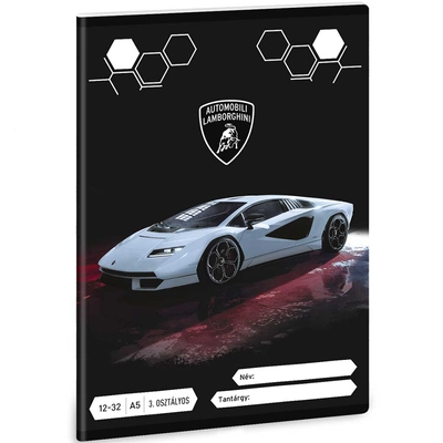 Ars Una: Ezüst metál Lamborghini 3. osztályos vonalas füzet 32 lapos A/5