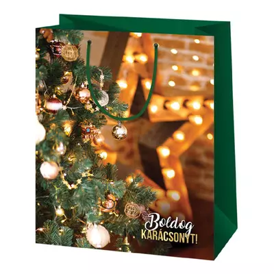 Boldog Karácsonyt díszített karácsonyfa mintás közepes ajándéktáska 18x10x23cm