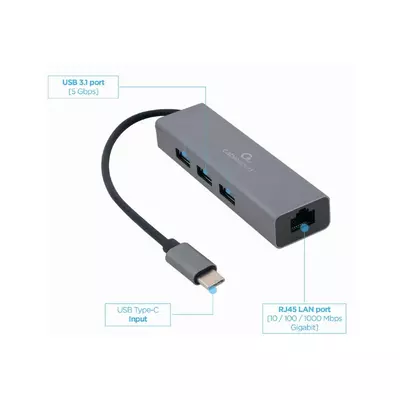 GEMBIRD Adapter, USB-C - RJ45, 3x USB, Gigabit ethernet, 0,17m