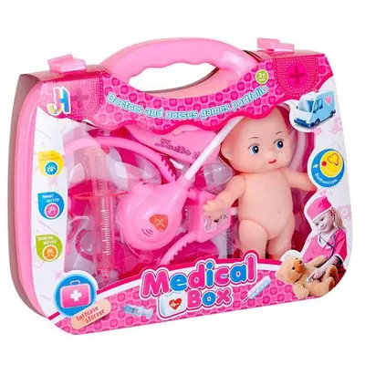 Pink játék orvosi szett babával és kiegészítőkkel bőröndben