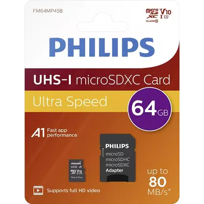 Philips Micro SDXC Memóriakártya 64GB Class 10 UHS-I U1 Adapter