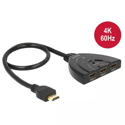 Delock HDMI UHD-kapcsoló, 3 x HDMI-bemenet > 1 x HDMI-kimenet, 4K integrált kábellel (50 cm)