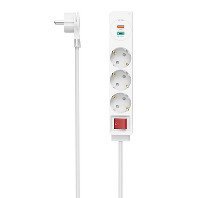 Hama hálózati elosztó, 3-as, +usb c+usb a, 18 w, pd/qc, kapcsolós, 1,4 m, fehér, fip (223185)