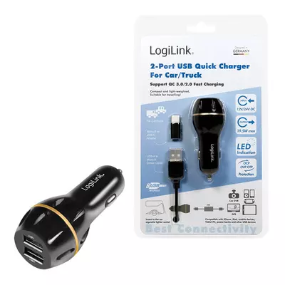 Logilink USB autós töltő, 2x USB port QC technológiával, 19,5W