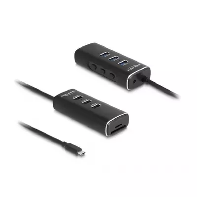 Delock 3 portos USB 10 Gbps hub, SD és Micro-SD kártyaolvasóval USB Type-C , 60 cm hosszú kábellel és portokhoz tartozó kapcsolóval