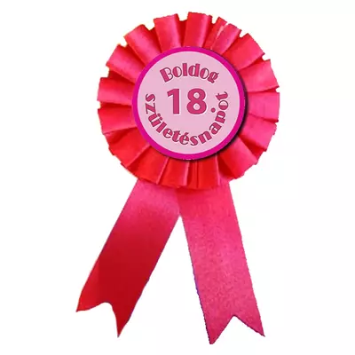 "Boldog 18. születésnapot" feliratú rózsaszín party kitűző