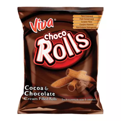 Viva choco rolls kakaós-csokoládés krémmel töltött extrudált gabonarudacska 100 g