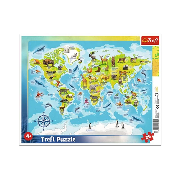 Világtérkép állatokkal 25 db-os keretes puzzle - Trefl