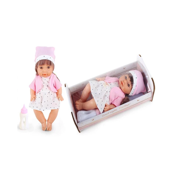Pisilő baba csillagos ruhában hanggal és kisággyal 30cm