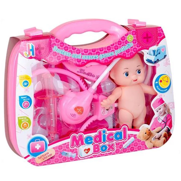 Pink játék orvosi szett babával és kiegészítőkkel bőröndben