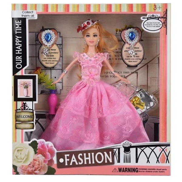 Fashion divatbaba kalappal, rózsaszín báli ruhában kiegészítőkkel 29cm