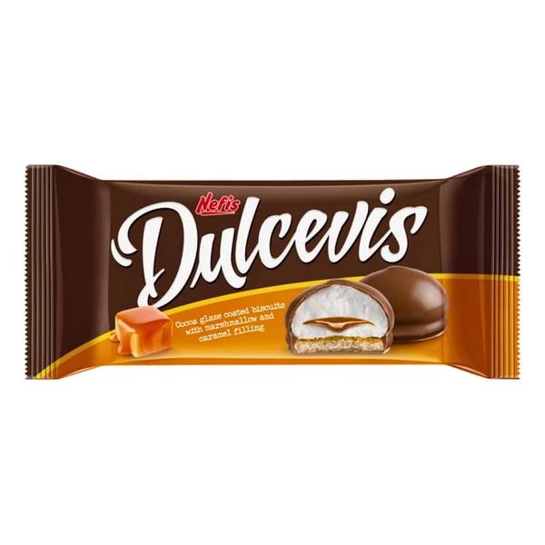 Nefis dulcevis kakaós bevonóval mártott, karamellel töltött pillecukros keksz 70g