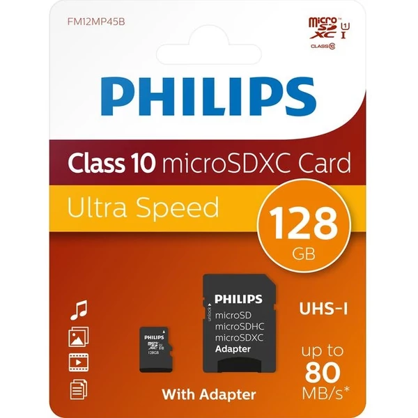 Philips Micro SDXC Memóriakártya128GB Class 10 UHS-I U1 Adapter