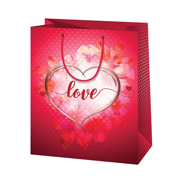 Piros színű Love felirattal díszített közepes méretű ajándéktáska 18x10x23cm