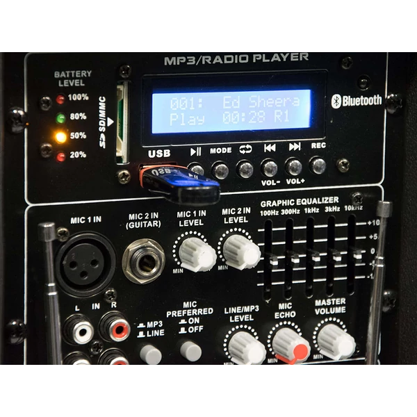 Thunder ACCU-15 (15") 800W akkumulátoros hordozható hangfal (2xMik + MP3 + Bluetooth + FM)