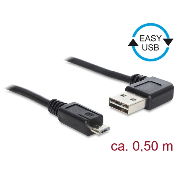 Delock Kábel, EASY-USB 2.0-s A- típusú csatlakozódugó, ívelt bal / jobb > USB 2.0-s Micro-B-típusú c