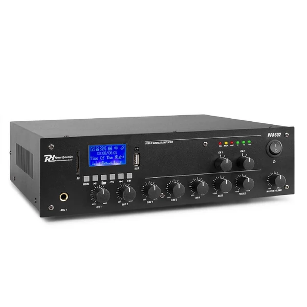 Power Dynamics PPA502, 2 ZÓNÁS 100V erősítő (50W) 2x Mikrofon + 2x Jel bemenet (MP3 + Bluetooth)
