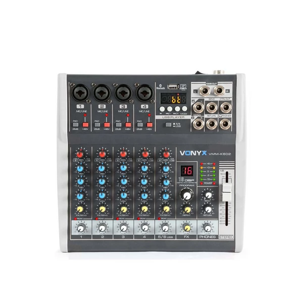 Vonyx VMM-K602 - 6 csatornás zenekari keverő, Bluetooth + Effekt + REC felvétel