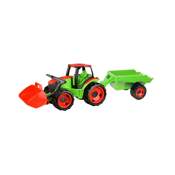 LENA: Óriás zöld-piros traktor markolóval és utánfutóval 107cm