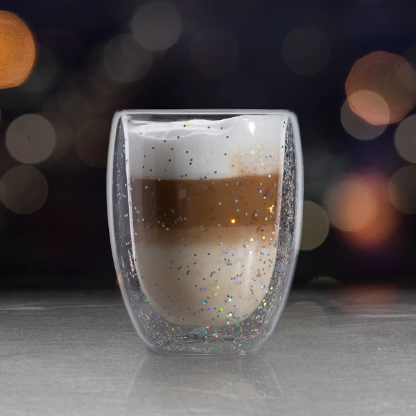 Karácsonyi duplafalú glitteres üvegpohár 300ml 57176F